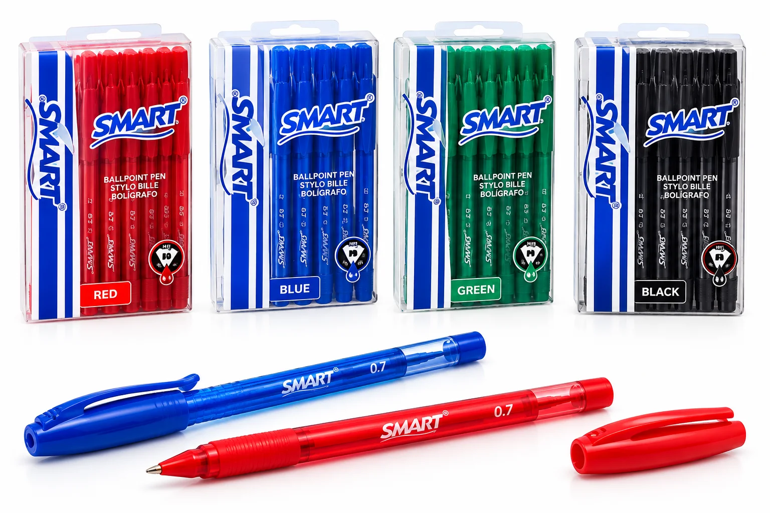 Smart LOT DE 200 STYLOS A BILLE BLEUE,Vert, Noir et Rouge