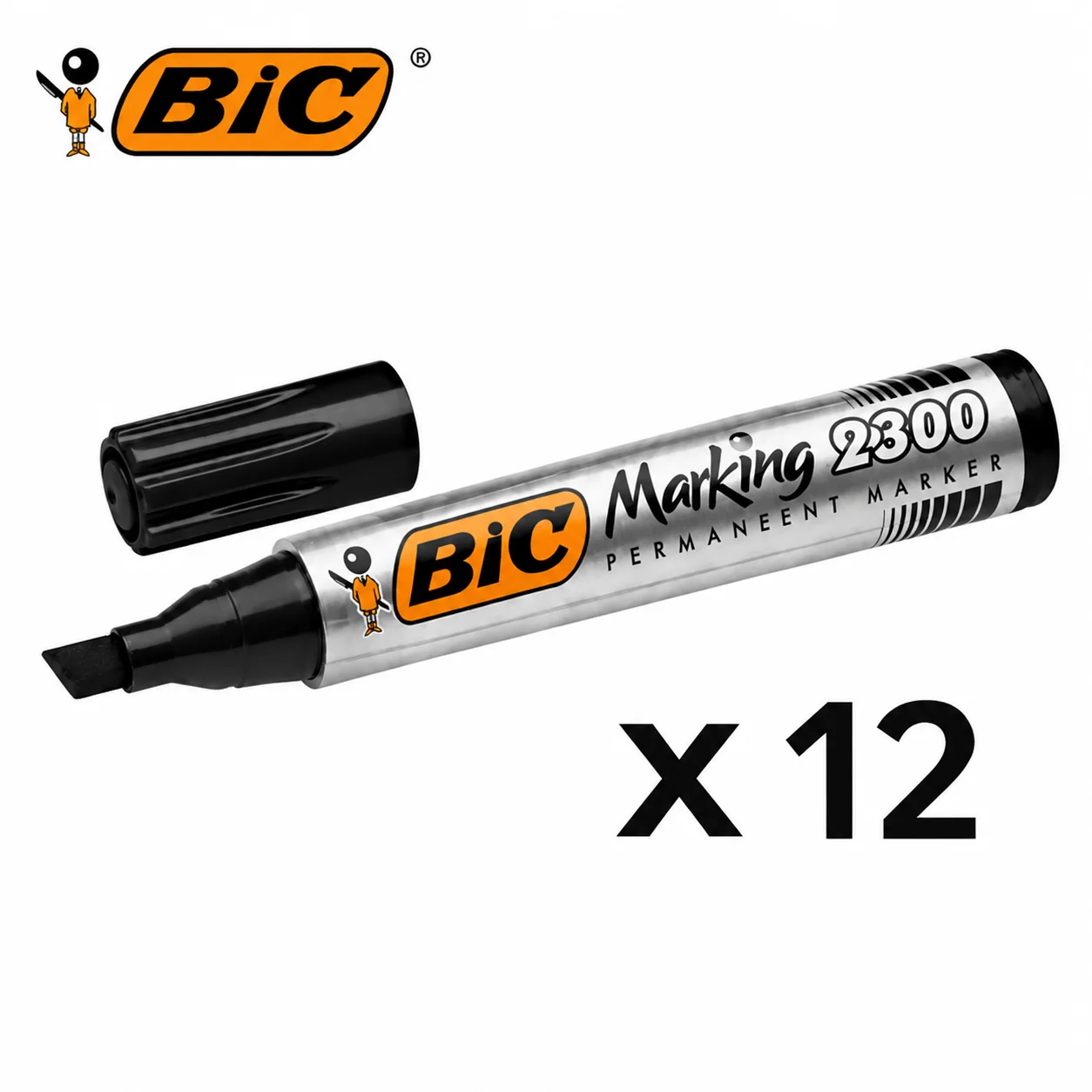 12 Marqueur Bic Permanent Biseauté - Noir
