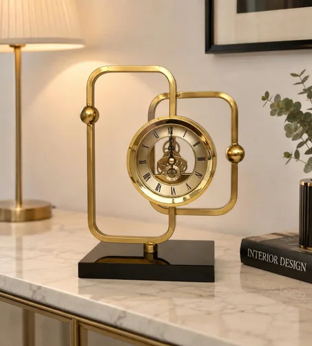 Horloge de Table – Cadran Solaire en Métal Doré sur Socle en Marbre Noir