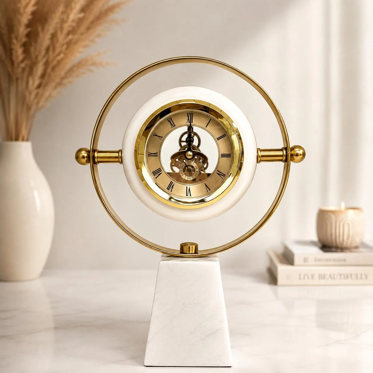 Horloge de Table Décorative – Globe Solaire en Metal Doré sur Socle en Marbre Blanc