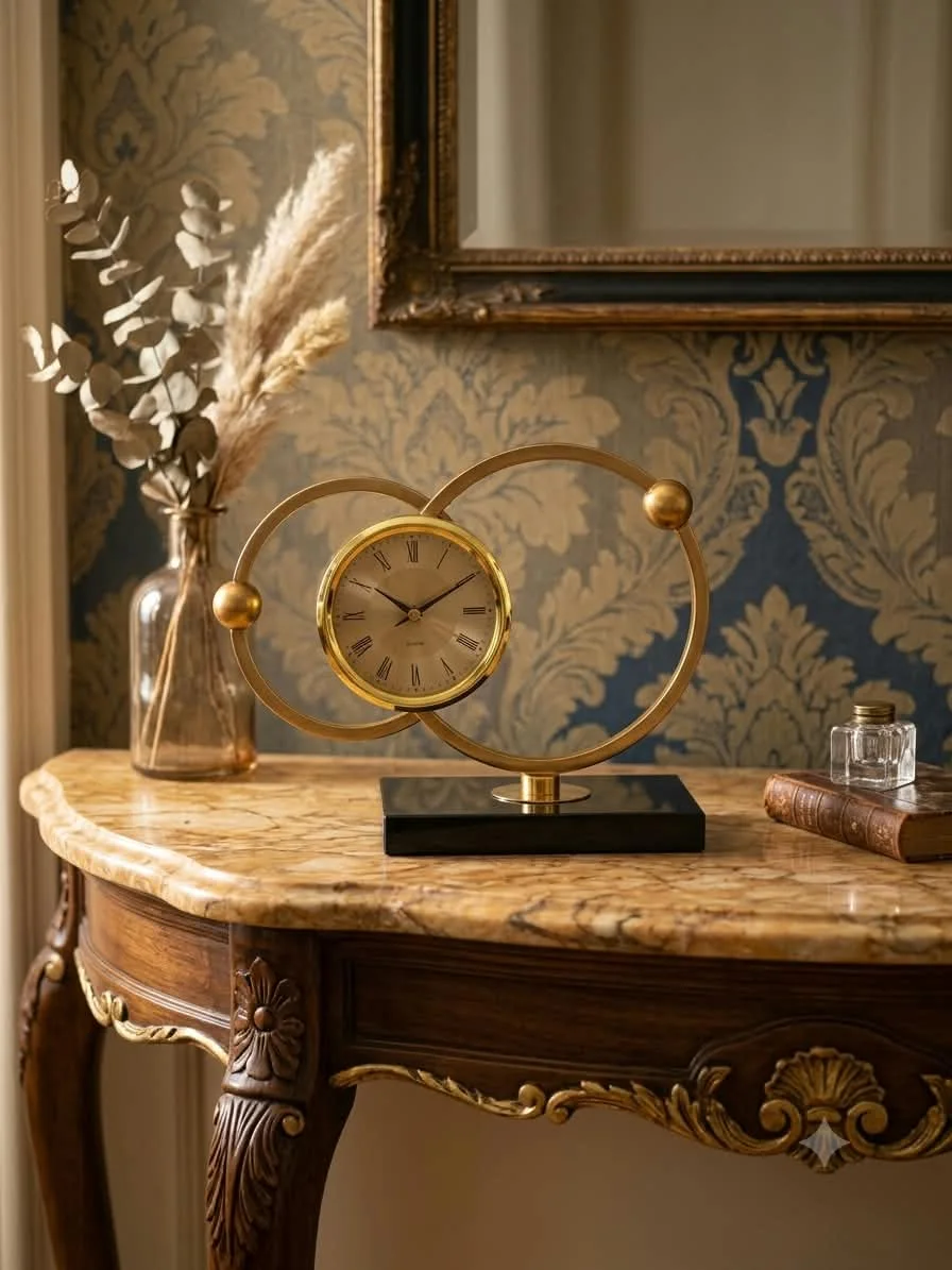 Horloge de Table – Cadran Solaire en Métal Doré sur Socle en Marbre Noir