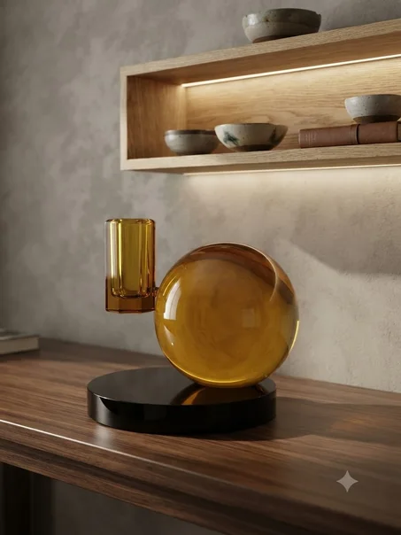 Sculpture Décorative Sphère Ambrée & Bougeoir sur Socle Noir – Design Contemporain