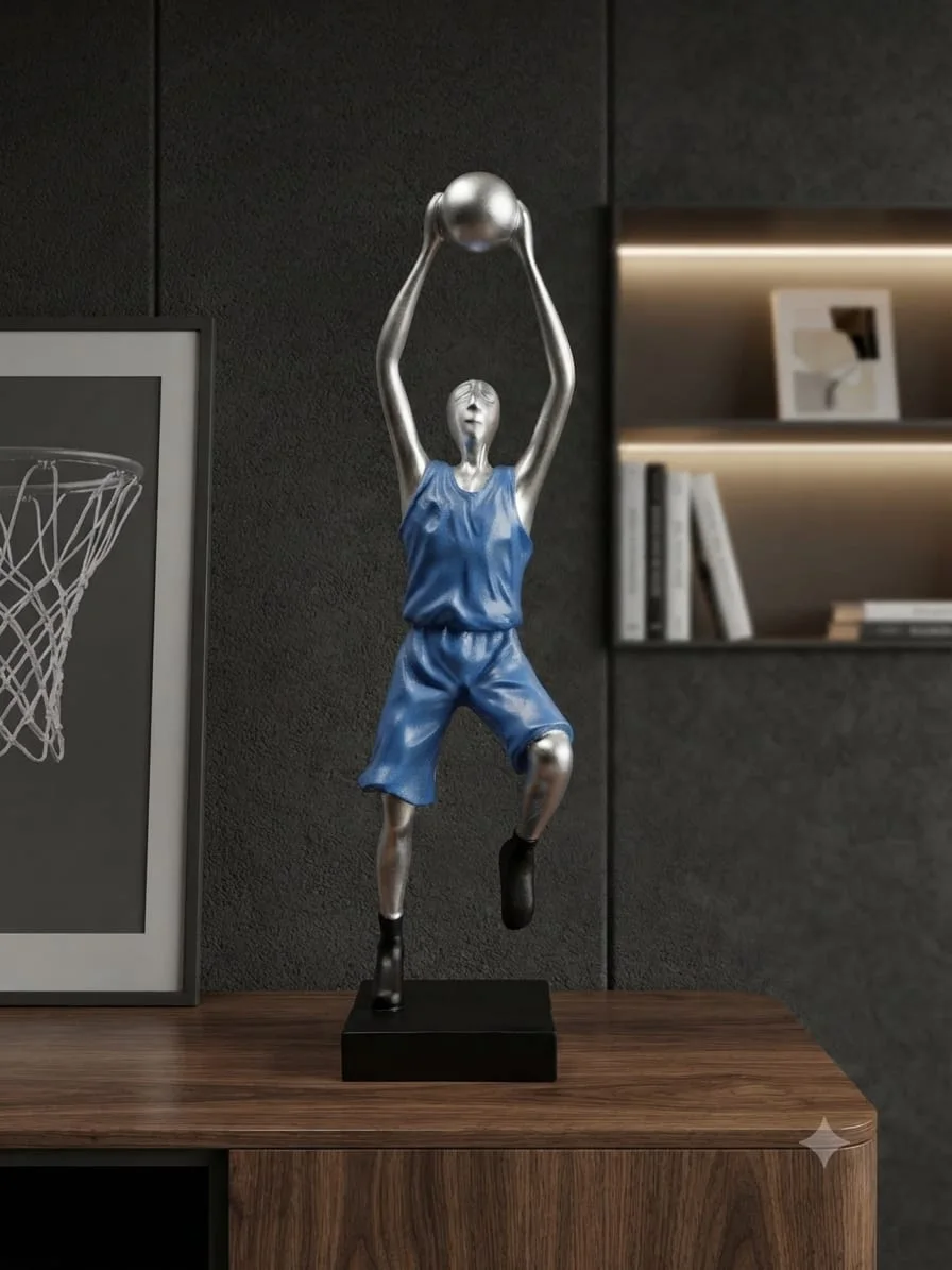 Statue Décorative Joueur de Basket-Ball – Sculpture Dynamique sur Socle Noir