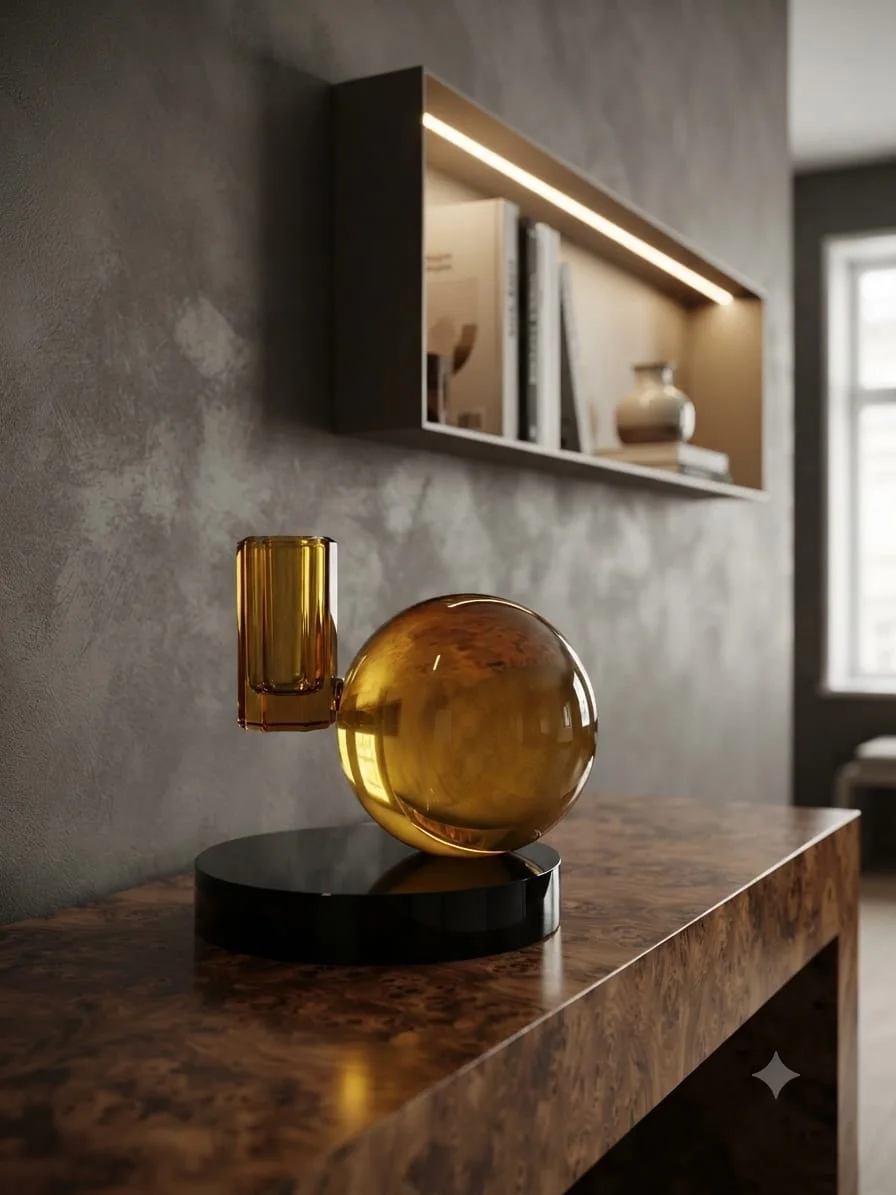 Sculpture Décorative Sphère Ambrée & Bougeoir sur Socle Noir – Design Contemporain