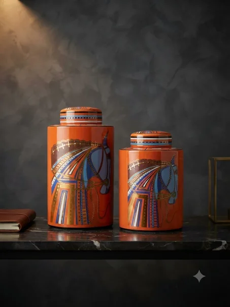 Duo de Jarres Décoratives en Céramique – Motifs Équestres Chic