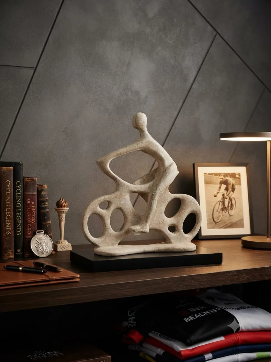 Sculpture Décorative Cycliste Abstrait – Statue Moderniste en Céramique Blanche Ajourée