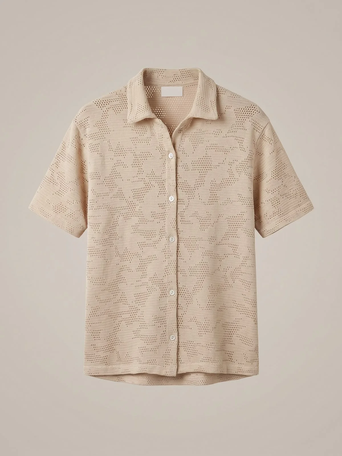 Chemise à Manches Courtes en Maille Ajourée – Beige Sable