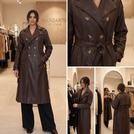 (Trench Coat) بني شكلاطي – قمة الأناقة مونطو تريتش كوت جلد