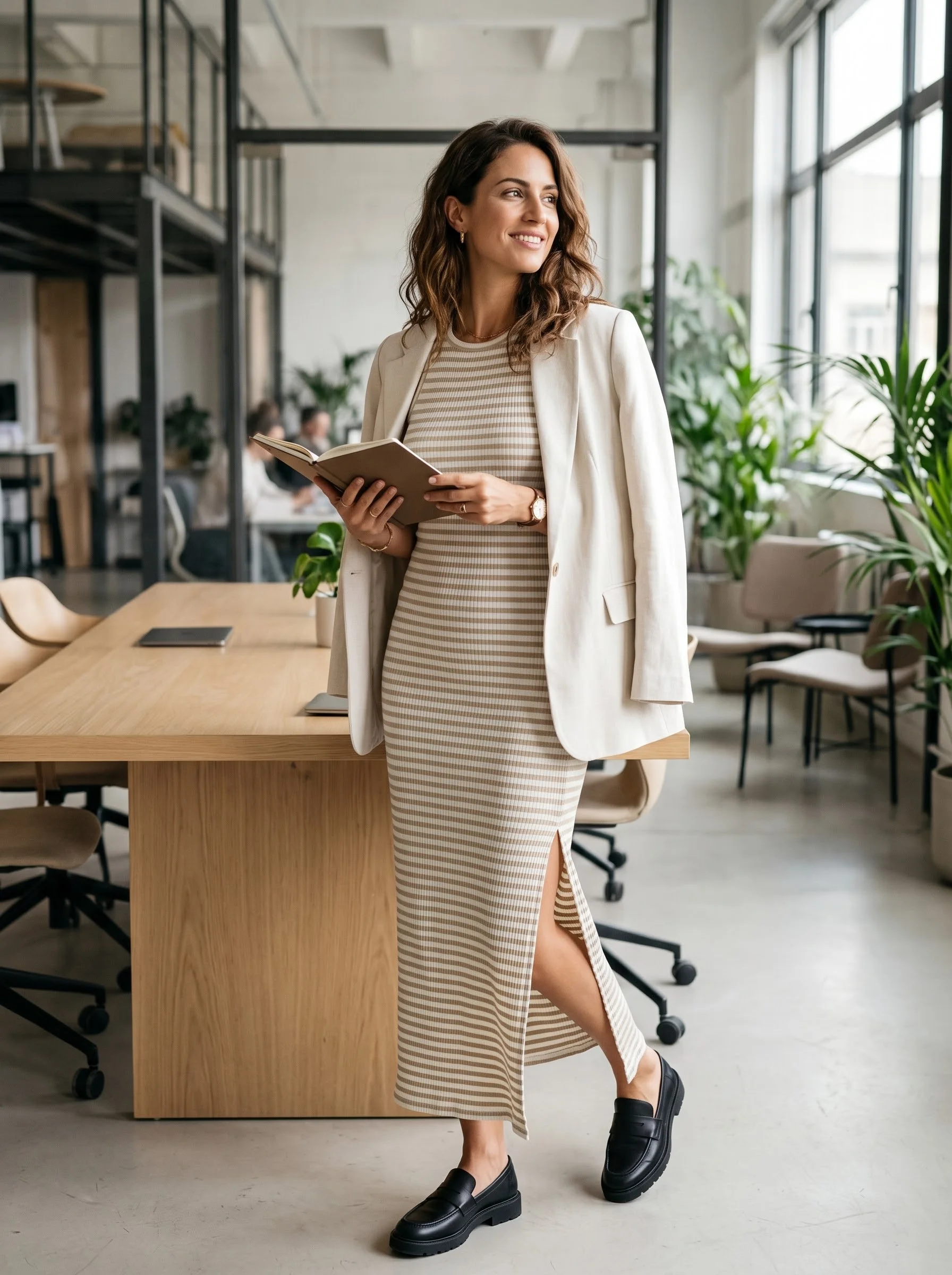Robe Longue en Maille Côtelée Rayée – Sable & Écru