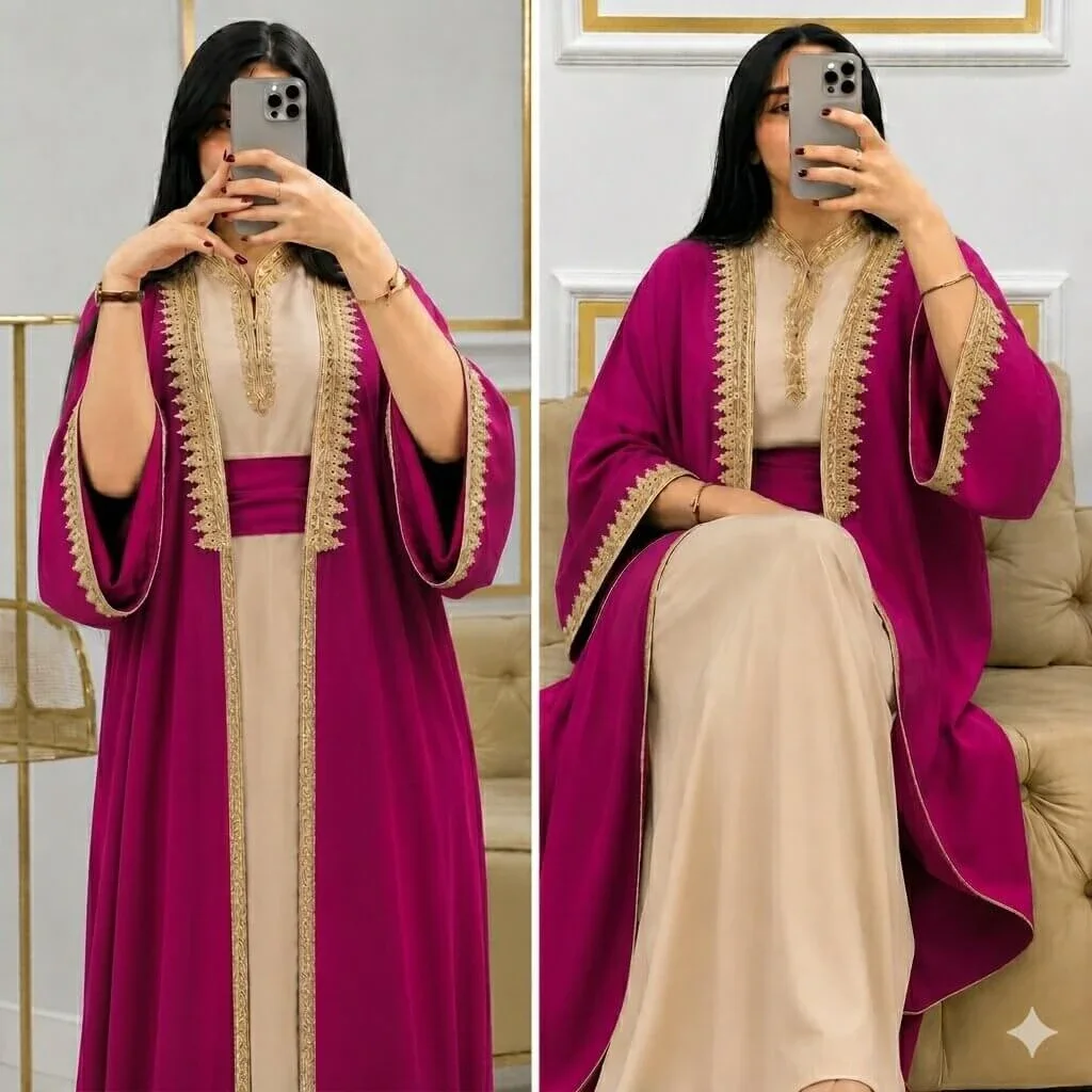 2026 caftan marocain 2 pieces كريب مطروز فخم بتصميم كيمونو عصري مع حزام