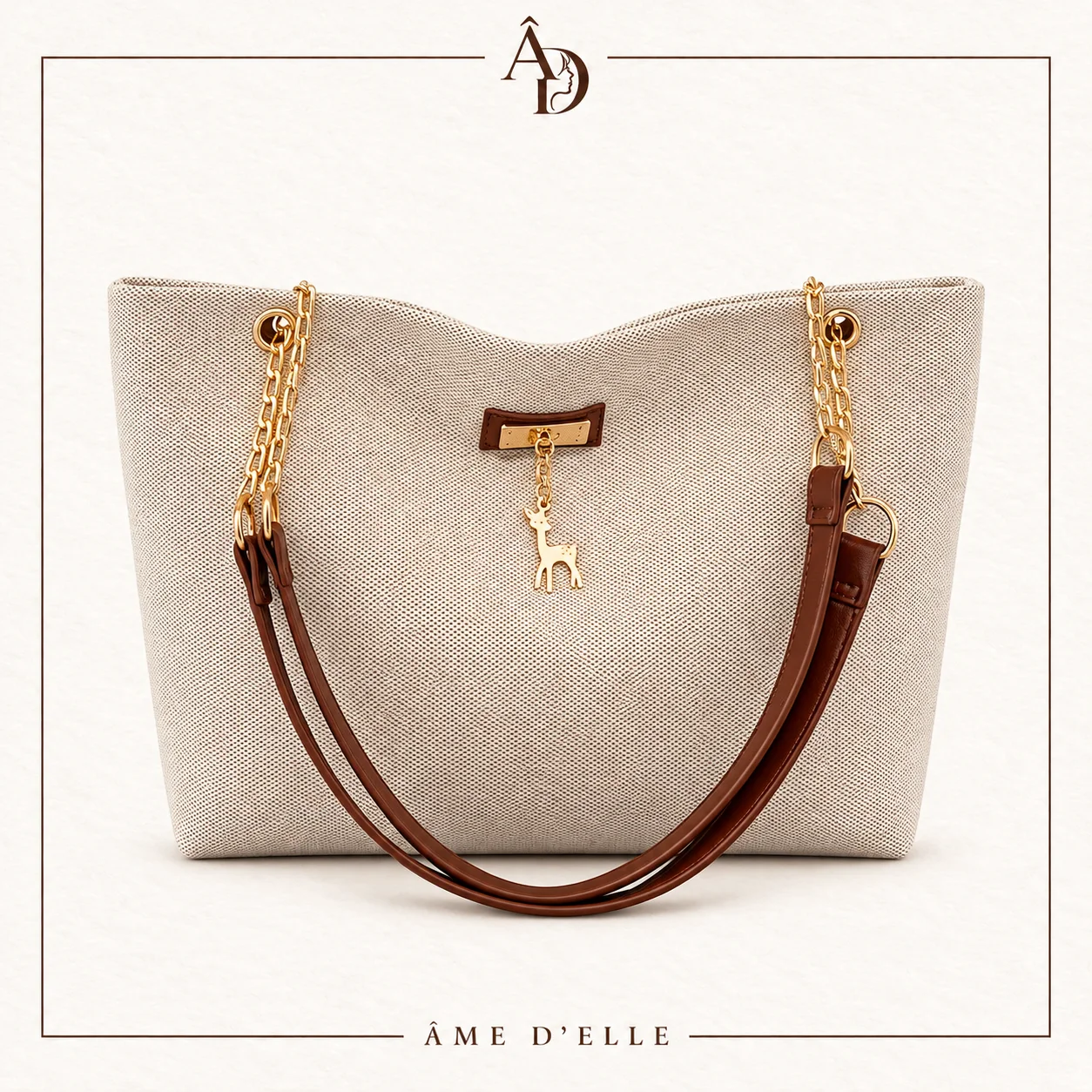 Sac Cabas Toile Beige Anse Chaine Doree