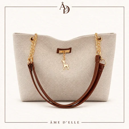Sac Cabas Toile Beige Anse Chaine Doree