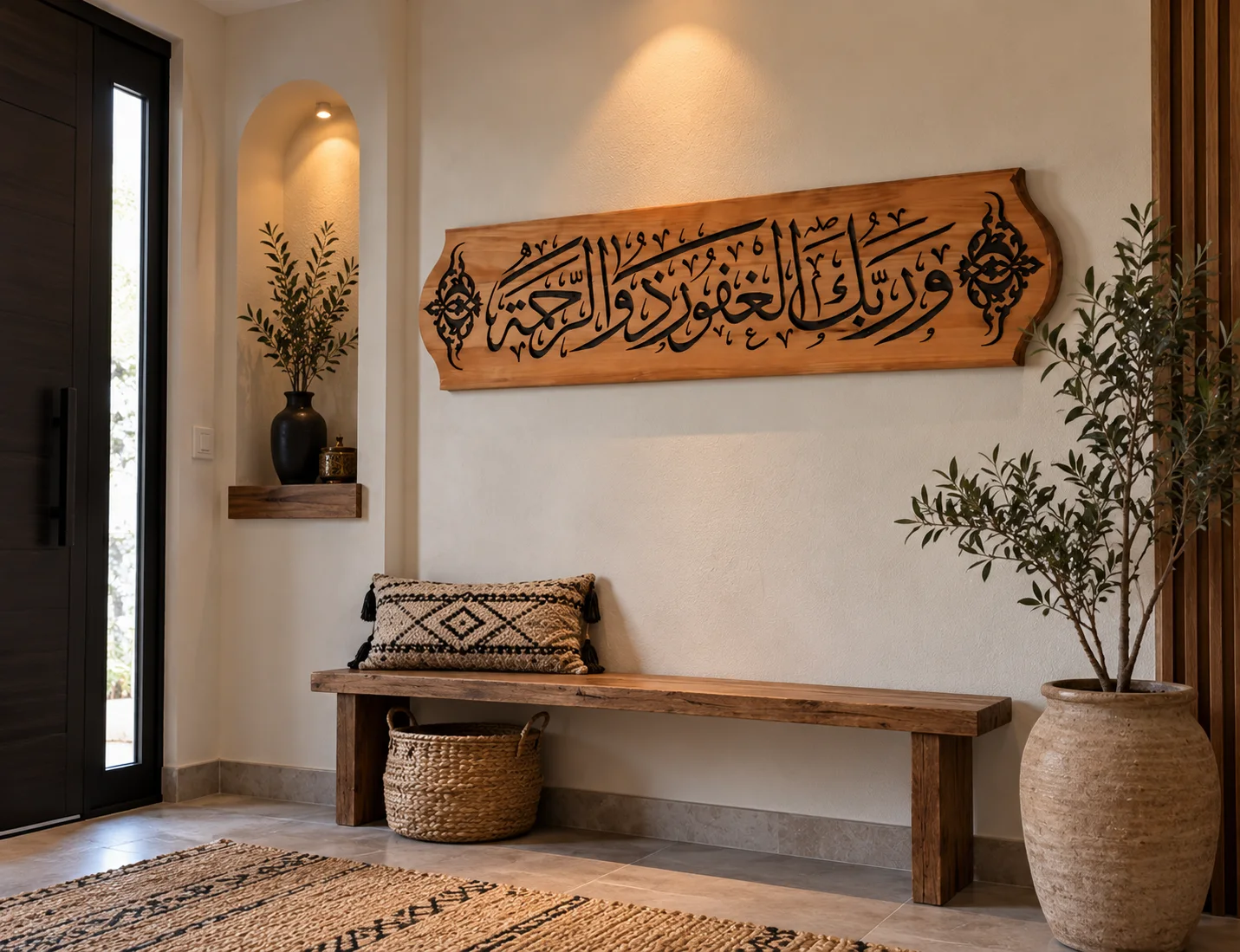 لوحة خشبية فاخرة بآية ﴿وَرَبُّكَ الْغَفُورُ ذُو الرَّحْمَةِ﴾ – ديكور إسلامي أنيق للمنزل  المقاسات: 90 × 18 × 2 سم (الطول × الارتفاع × السُّمك)