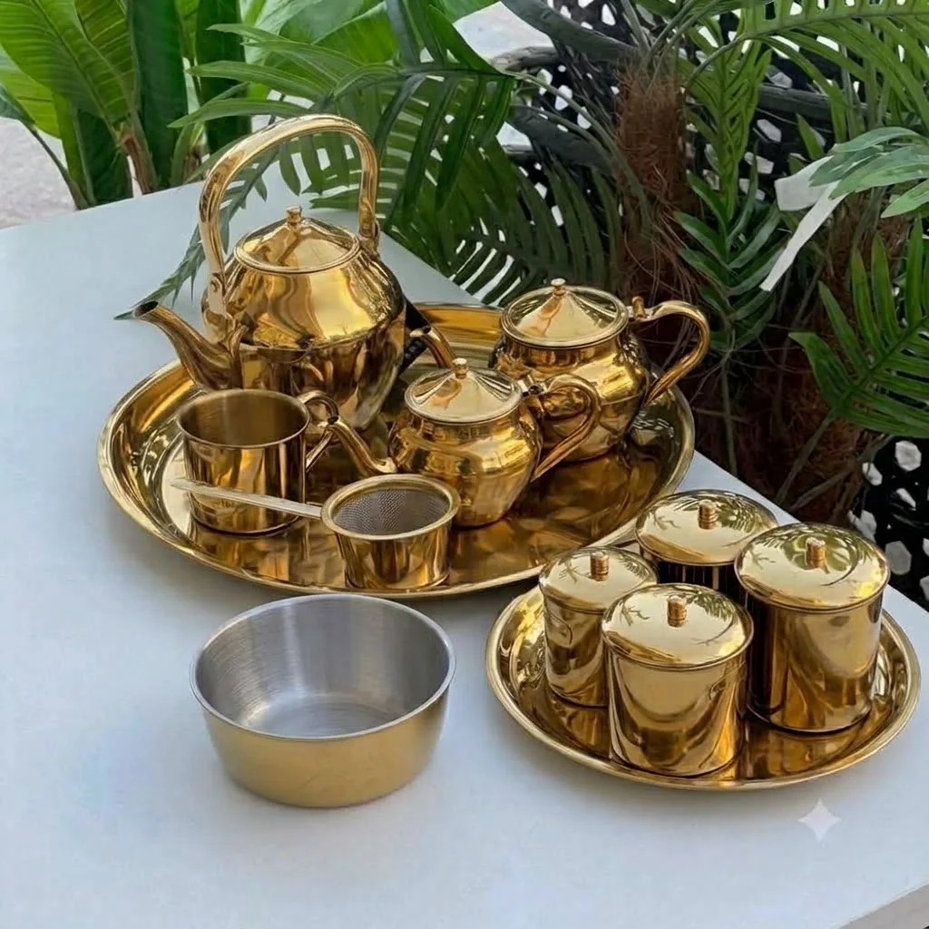 طقم الشاي العربي 12 قطعة من الإنوكس 18/10 أوريجينال باللون الذهبي   Arabian Tea Set GOLD – Service à Thé Arabe en Inox 18/10 – 12 Pièces  ORIGINAL