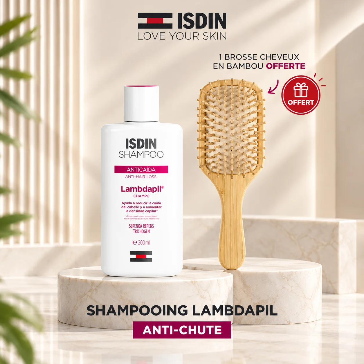 ISDIN Lambdapil Shampooing Anti-Chute 200 ml + Brosse à Cheveux en Bambou Offerte 🎁