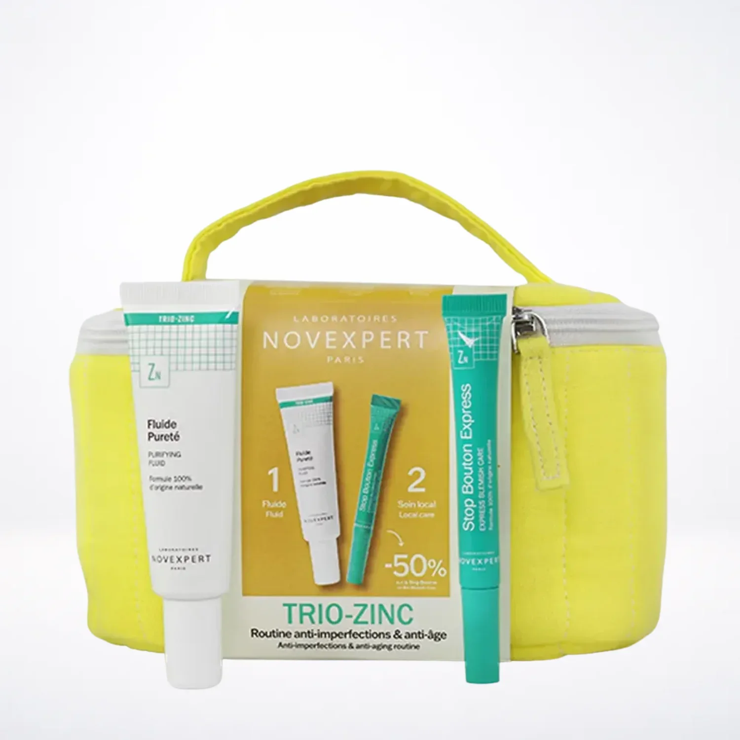 NOVEXPERT Pack Fluide Pureté Trio-Zinc 30ml + Stop Bouton Express 7ml = Trousse