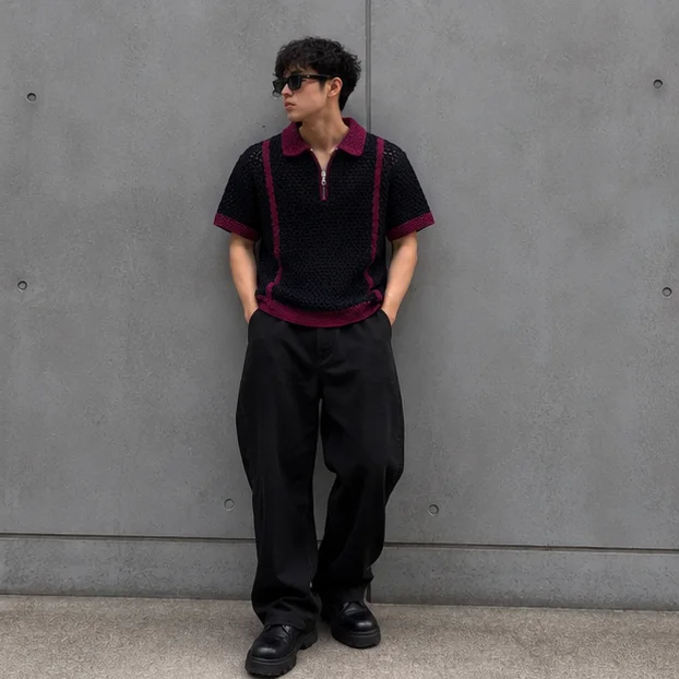 Crochet Quarter-Zip Polo Shirt