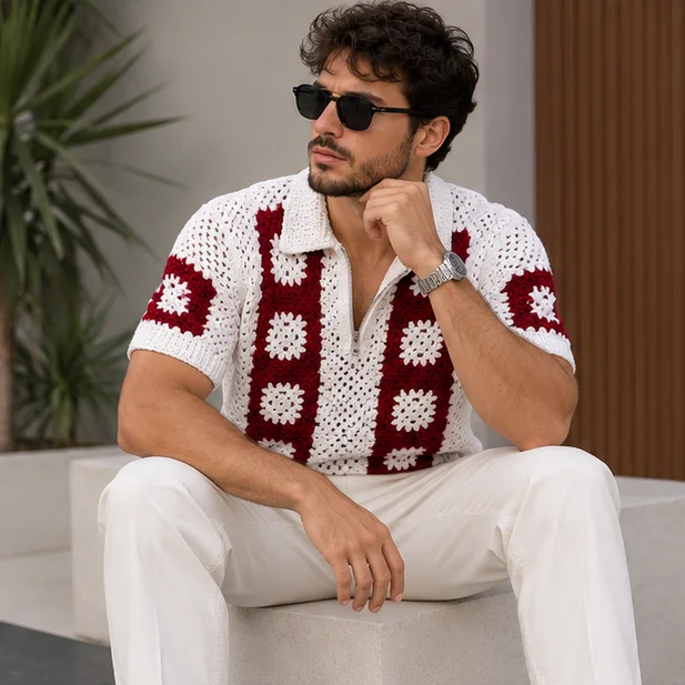 Crochet Quarter-Zip Polo Shirt