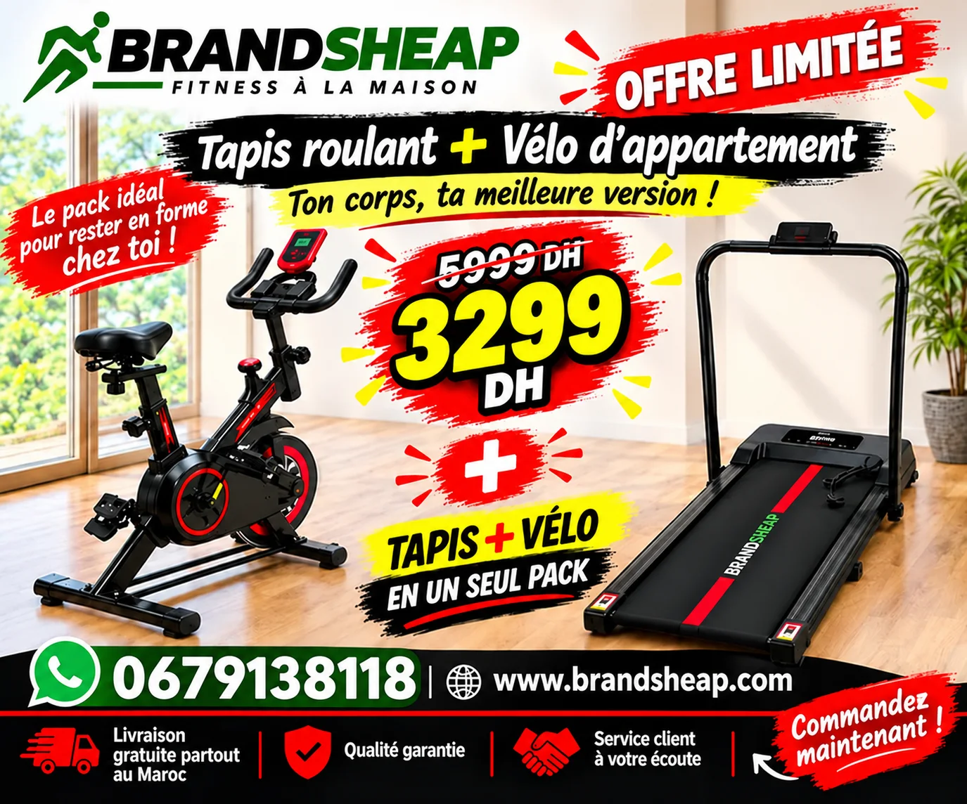 PACK FITNESS COMPLET – Vélo Spinning + Tapis de Course X-MOVE 12 KM/H