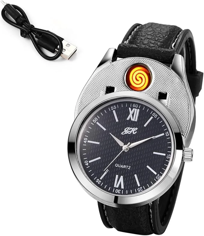 ilverora Men’s Leather Lighter Watch – ساعة رجالية من سيلفيرورا برباط جلدي مع ولاعة مدمجة