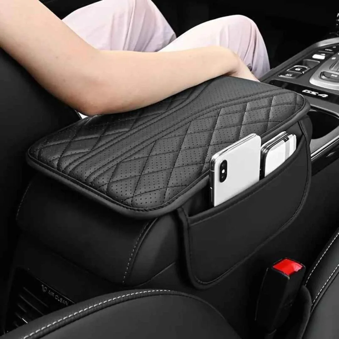 Universal Quilted Leather Car Console Armrest Cover with Pockets - غطاء مسند الذراع لكونسول السيارة من الجلد المبطن مع جيوب