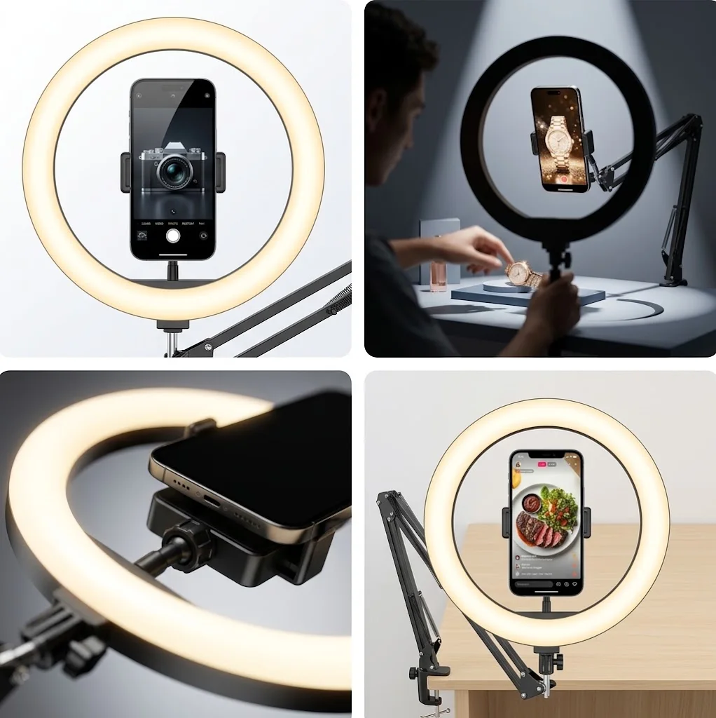 Support Téléphone de Bureau avec Bras Articulé + Lumière LED