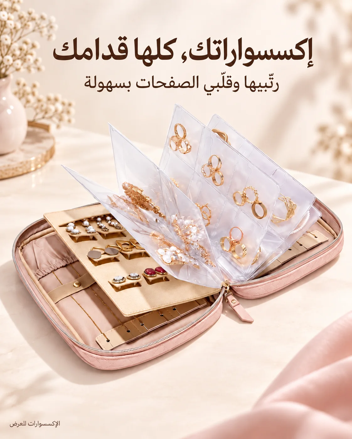 حقيبة وردية لتنظيم الإكسسوارات بصفحات شفافة وأماكن للحلق والسلاسل