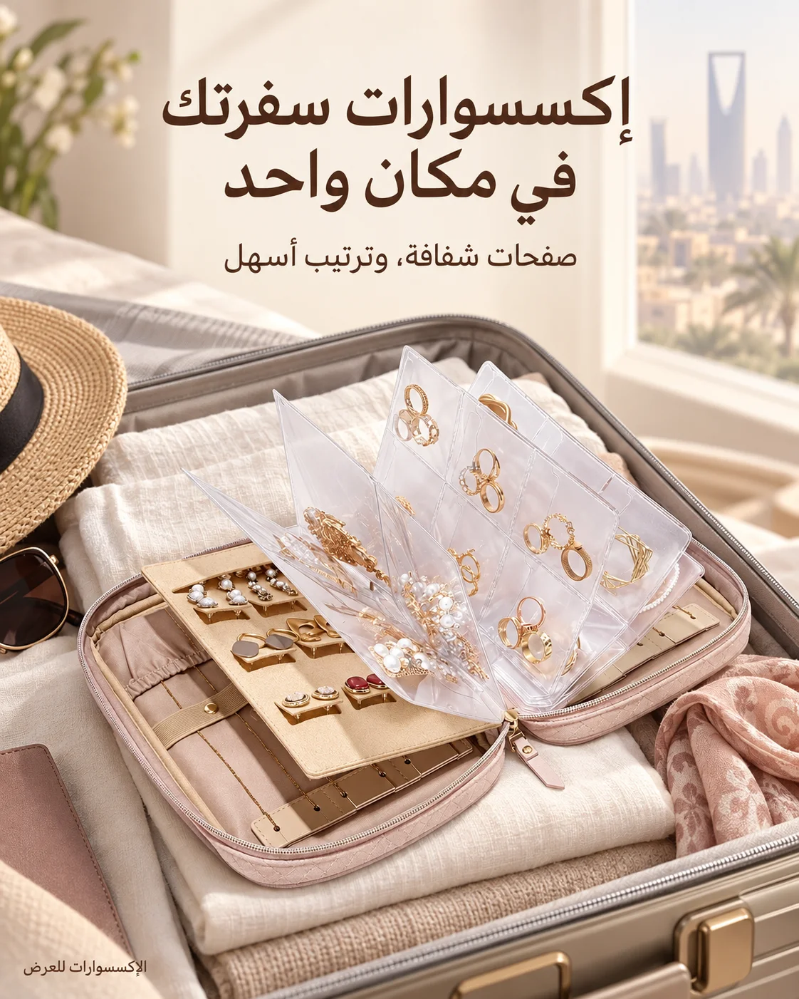 حقيبة تنظيم الإكسسوارات الوردية بجانب حقيبة سفر