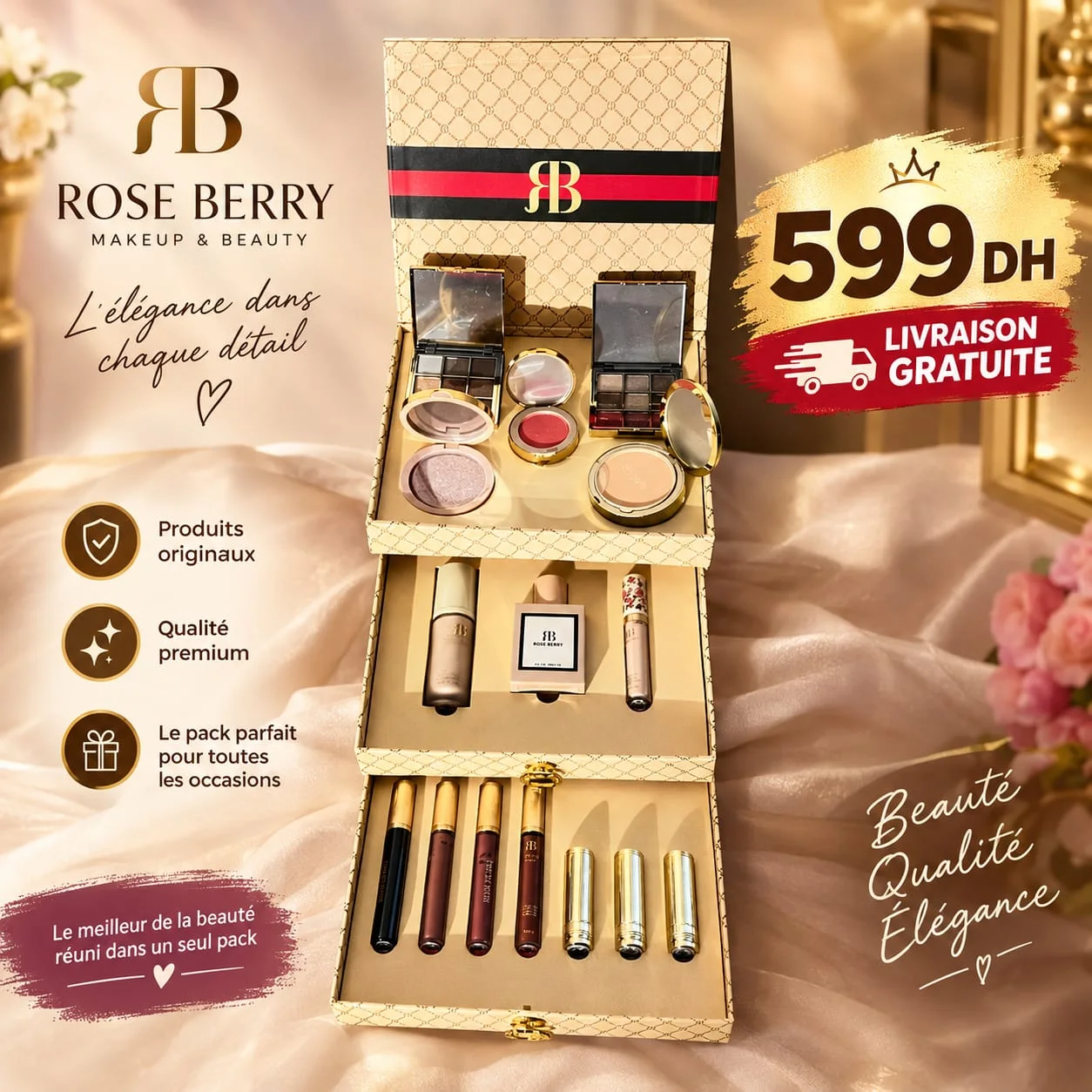 Coffret Maquillage ROSE BERRY 15 Pièces – Élégance & Beauté à 599 DH, Livraison Gratuite