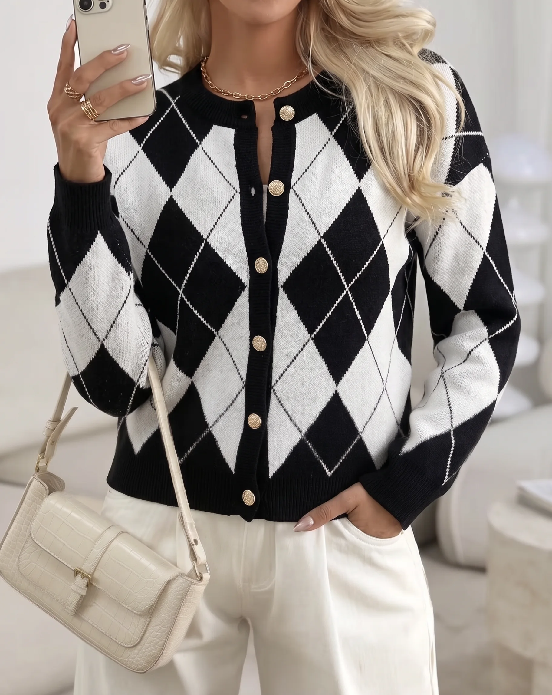 Cardigan Femme à Losanges Colorés – Élégant & Tendance