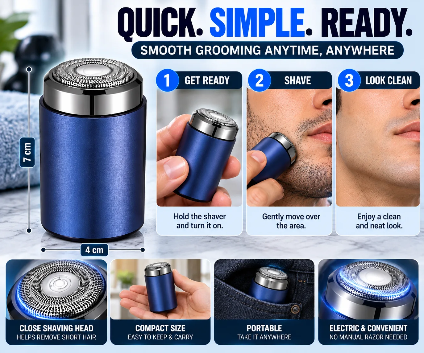 Mini Portable Electric Shaver product details and three-step use