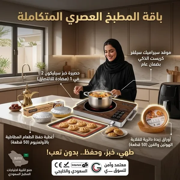 باقة المطبخ العصري المتكاملة(موقد سيراميك سيلفر كريست متعدد الوظائف بضمان عام+حصيرة خبز سيليكون 2 في 1 مضاد للالتصاق والانسكاب (قابل لإعادة الاستخدام)+غطاء حفظ الطعام المطاطي بالألمنيوم – 50