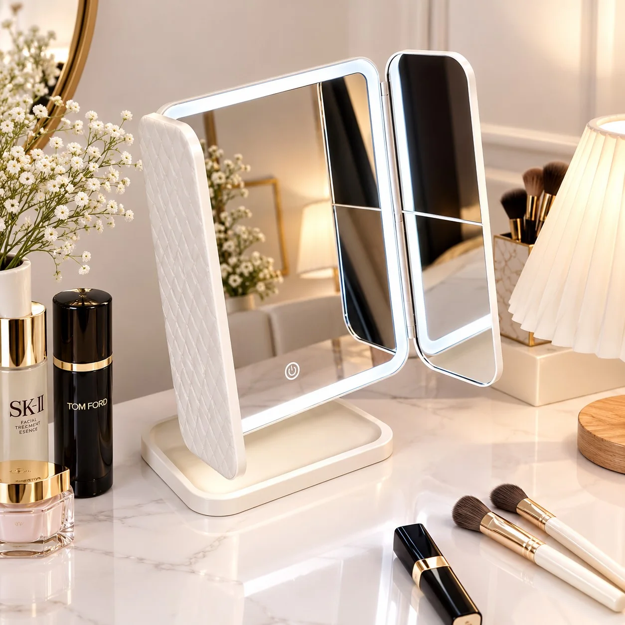 led lighted مرآة مكياج ثلاثية الطي