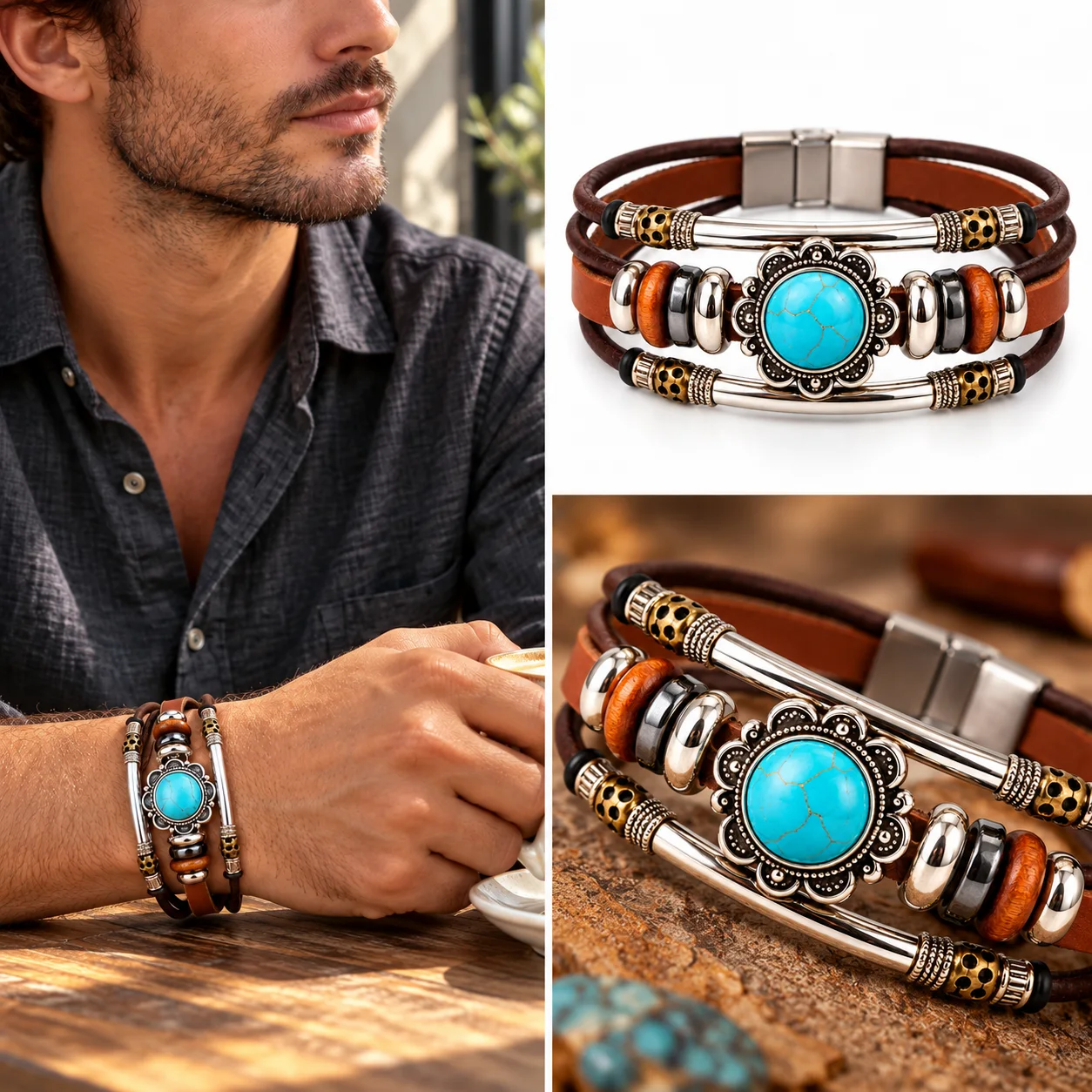 Bracelet Cuir Brun Pierre Turquoise