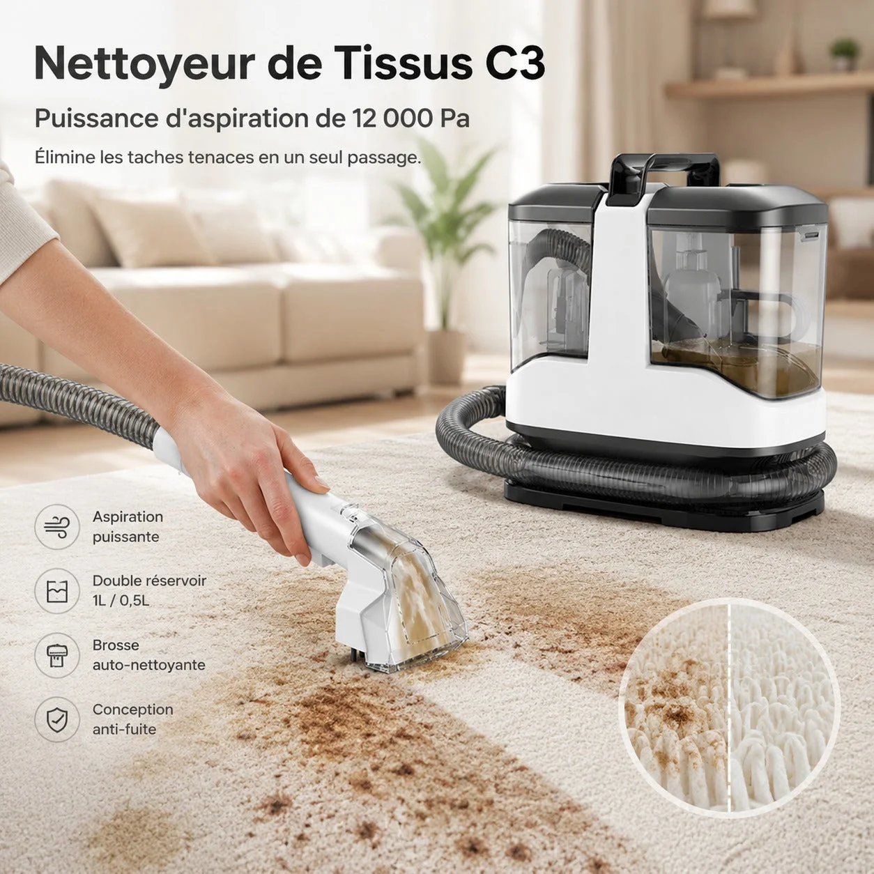 🧼 Nettoyeur de Taches Tapis & Canapés – BSK-BY01 ✨ Fini les taches qui gâchent votre maison !  Café renversé ☕, taches d'enfants 👶, traces d'animaux 🐶, sièges de voiture sales 🚗… Une seule ma