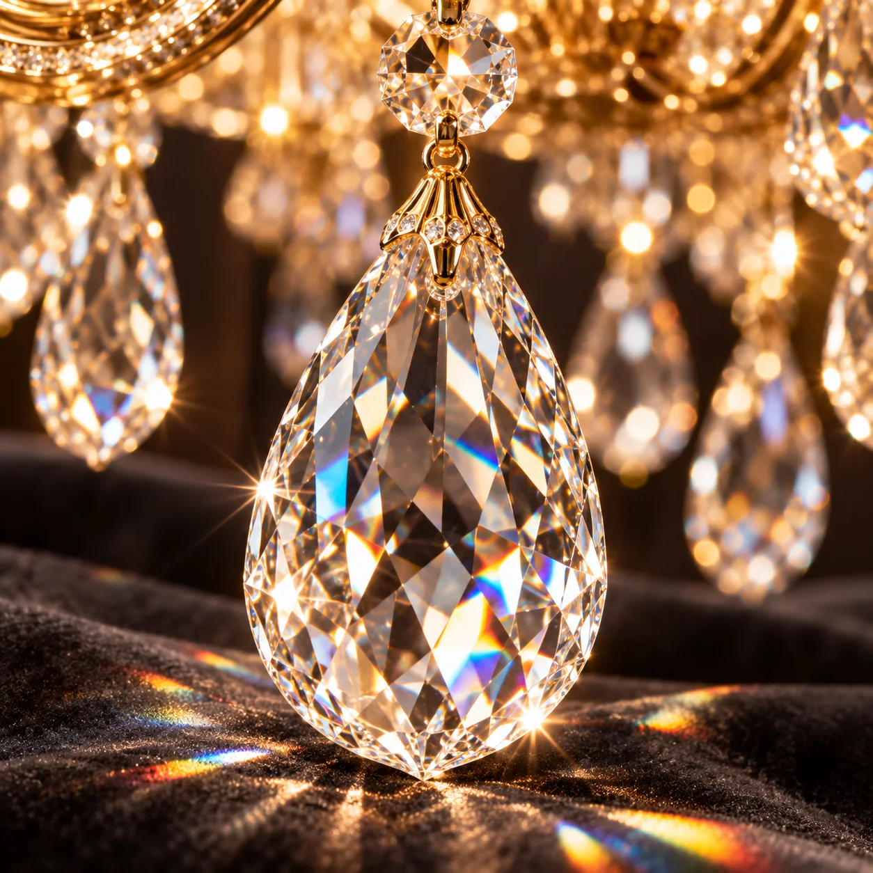 Détail d'un cristal pur et étincelant pour lustre de luxe - Boutique New Lustre