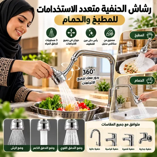 رشاش الحنفية متعدد الاستخدامات للمطبخ والحمام(بتلف بزاوية 360 درجة)