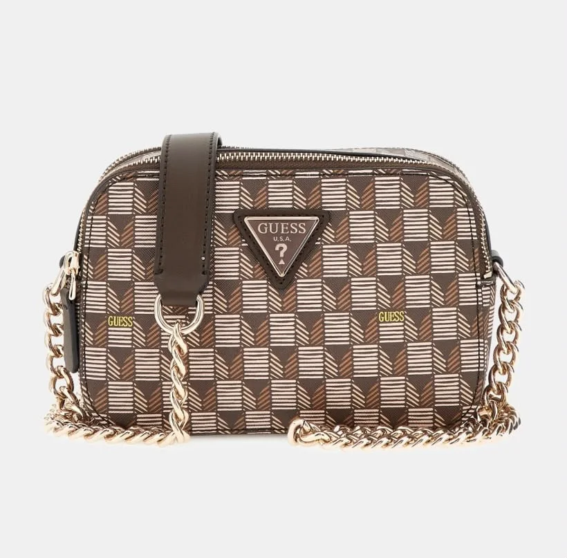 Sac camera chaîne monogramme damier - Guess - Marron