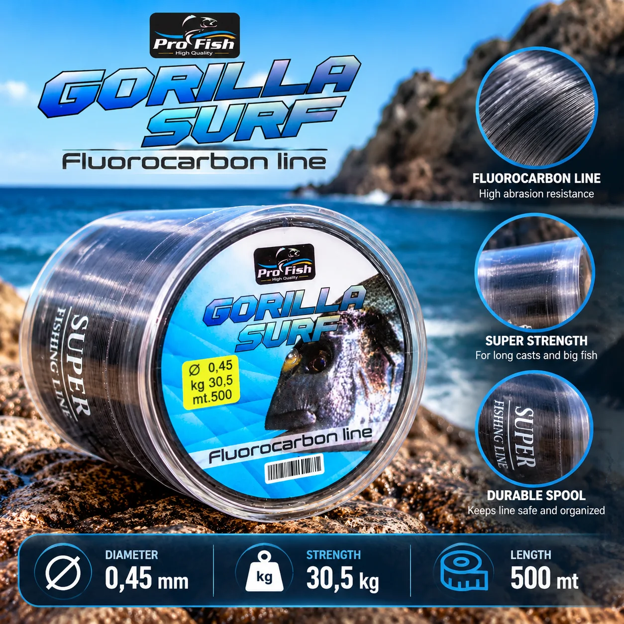 خيط صيد فلوروكاربون ProFish Gorilla Surf – قوة 30.5 كغ وطول 500 متر