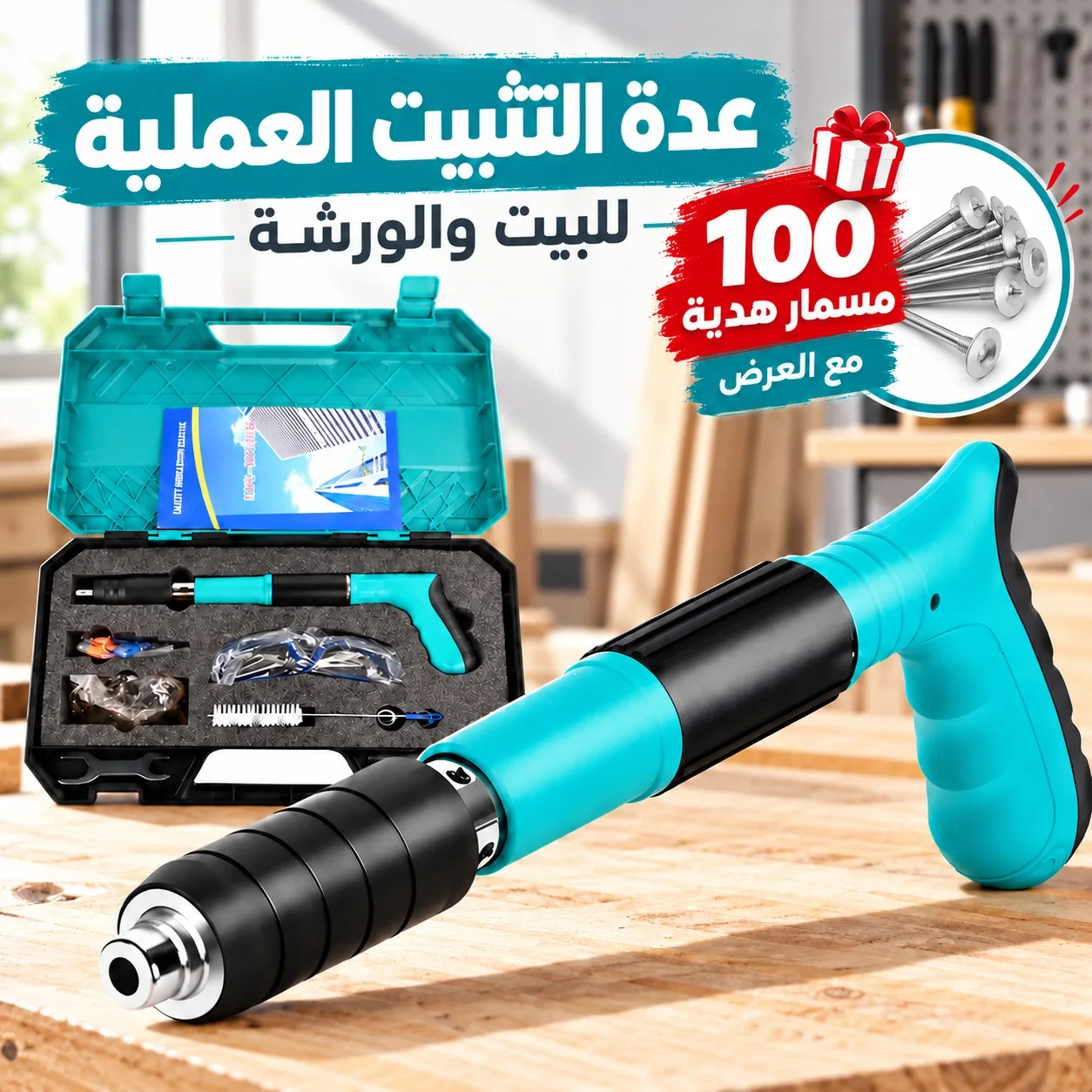 مسدس تثبيت عملي مع العُدّة كاملة + 100 مسمار هدية🎁(التوصيل مجاني في لبنان)
