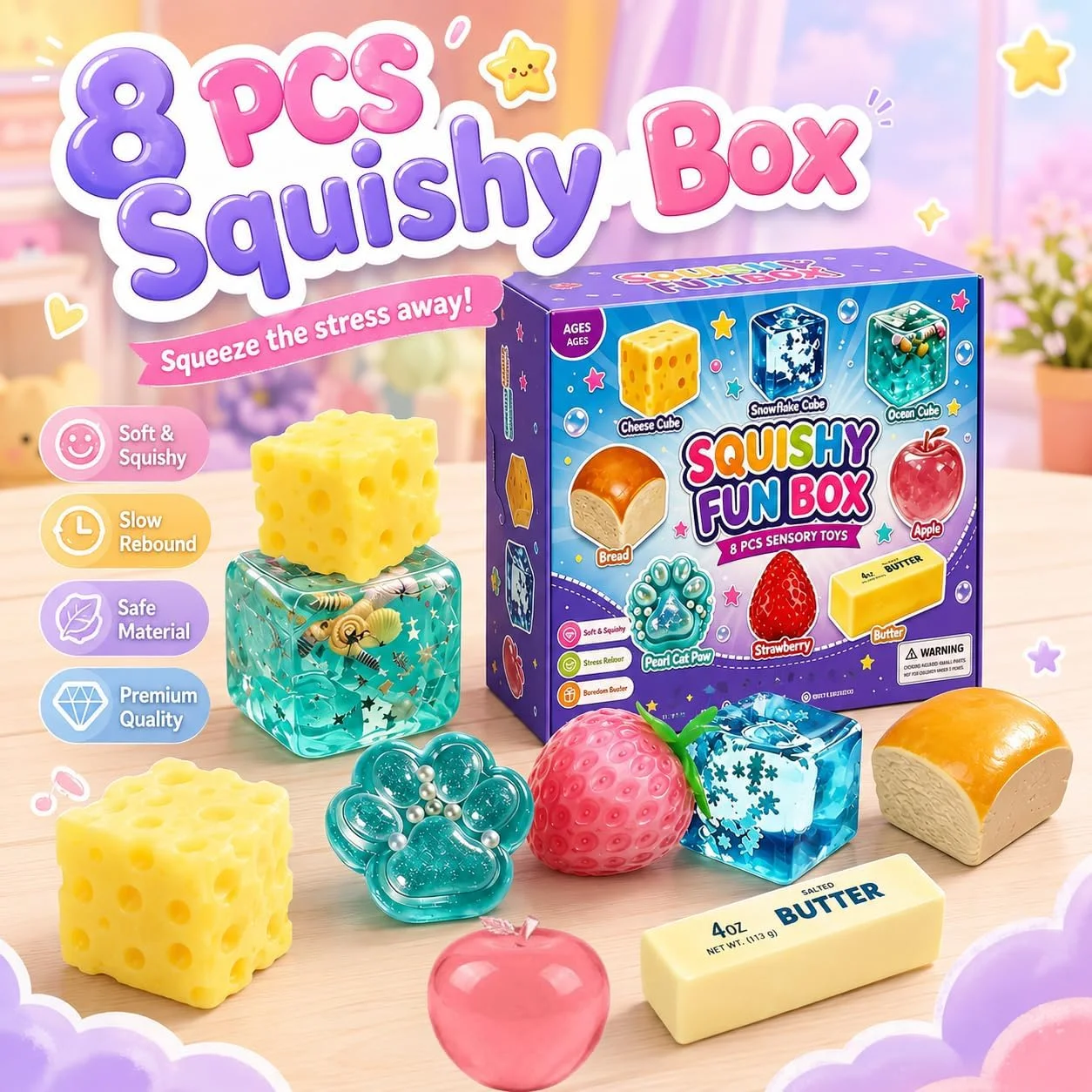 Squishy Fun Box – علبة مفاجآت تضم 8 ألعاب إسفنجية طرية للعصر والتجميع