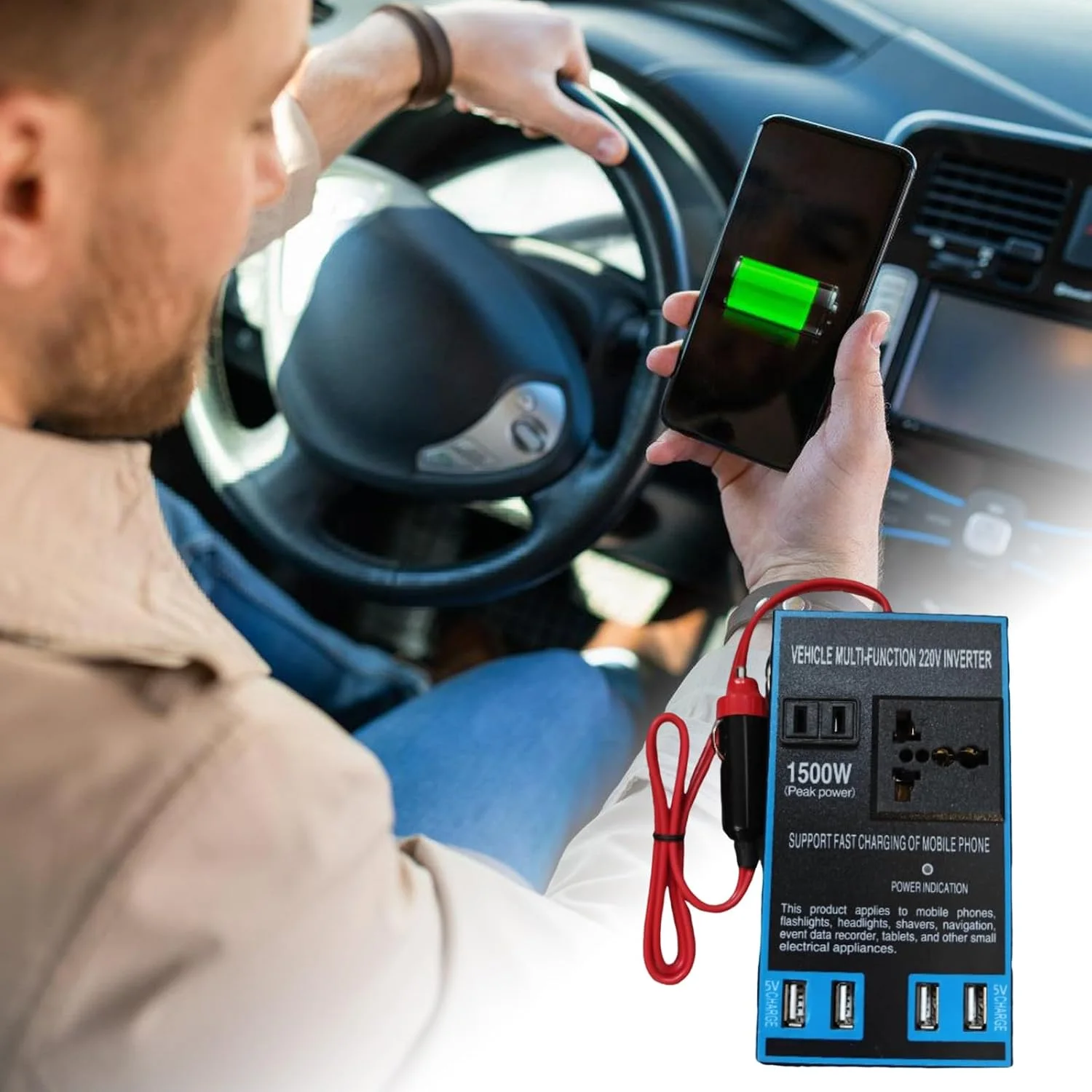Convertisseur 12V vers 220V 1500W – 4 Ports USB pour Voiture, Voyage & Camping