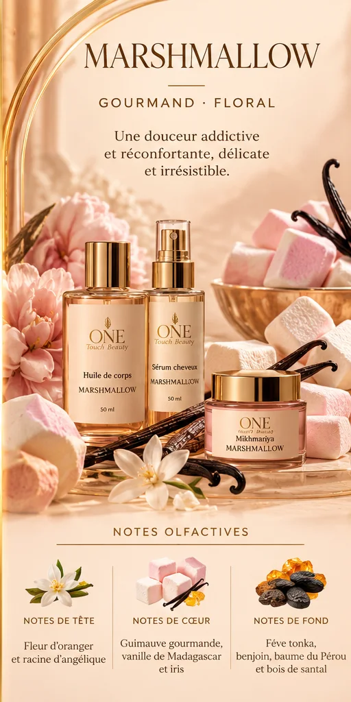 Marshmallow — منتجات ONE Touch Beauty مع نفحات زهر البرتقال وجذر الأنجيليكا والمارشميلو والفانيلا والسوسن والتونكا والبنزوين وخشب الصندل