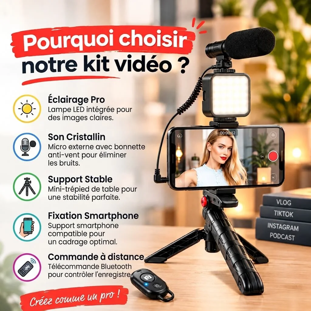 Kit Vidéo 5-en-1 : Lampe LED, Microphone et Trépied pour Smartphone