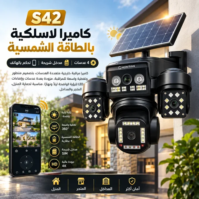 S42 كاميرا لاسلكية بالطاقة الشمسية - 4 عدسات - مدخل شريحة - تحكم بالهاتف