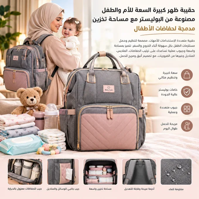 حقيبة ظهر كبيرة السعة للأم والطفل مصنوعة من البوليستر مع مساحة تخزين مدمجة لحفاضات الأطفال