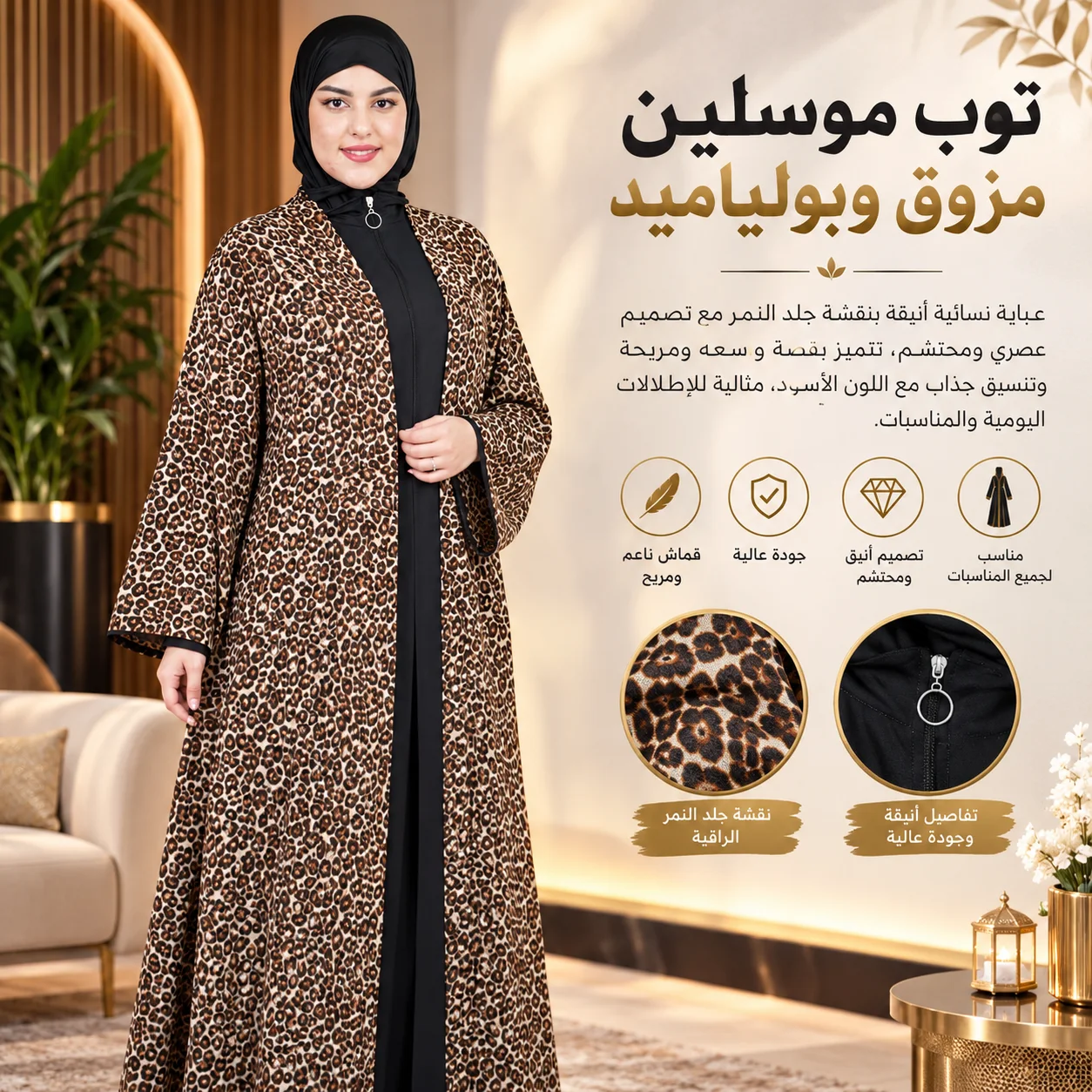 عباية نسائية جلد النمر – توب موسلين مزوق وبولياميد