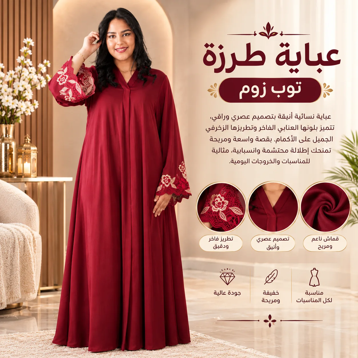 عباية طرزة توب زوم عنابية أنيقة للنساء