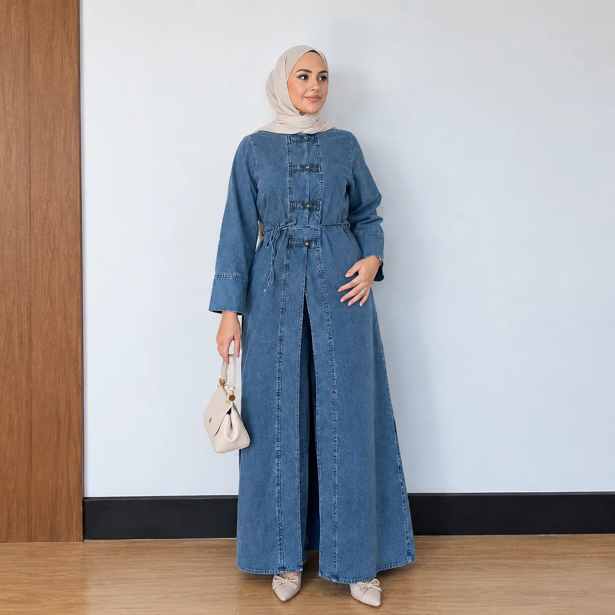 Ensemble Denim Femme – Tunique Longue Ceinturée & Pantalon Large