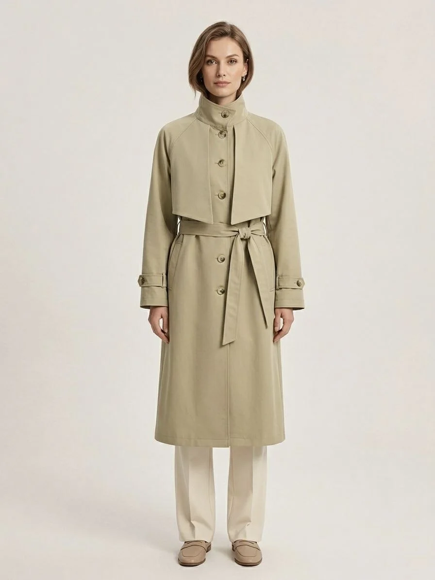 Trench Long à Col Montant & Ceinture – Élégance Minimaliste